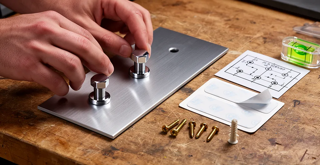 Trois options de fixation pour plaque professionnelle disposées sur un plan de travail : entretoises, bandes adhésives et vis