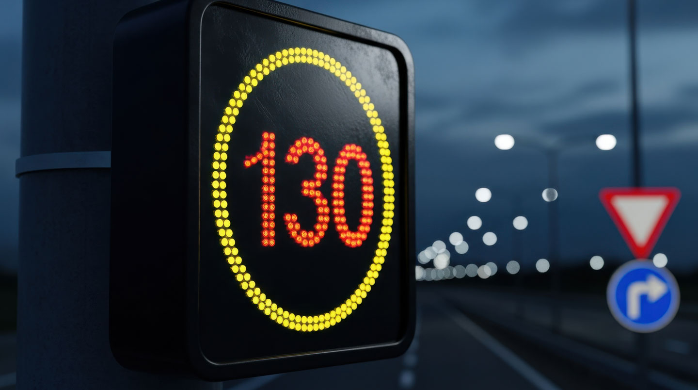 Comparaison visuelle entre un panneau de signalisation traditionnel rétroréfléchissant illuminé par un phare et un panneau à message variable moderne avec affichage LED