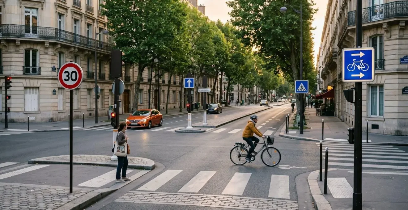 Carrefour urbain français avec plusieurs panneaux de signalisation bien positionnés, cyclistes et piétons respectant la signalisation, lumière de fin d'après-midi