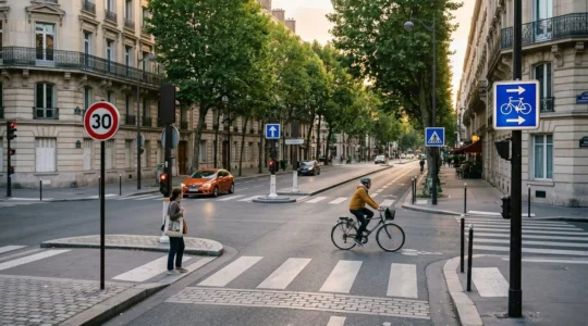 Carrefour urbain français avec plusieurs panneaux de signalisation bien positionnés, cyclistes et piétons respectant la signalisation, lumière de fin d'après-midi