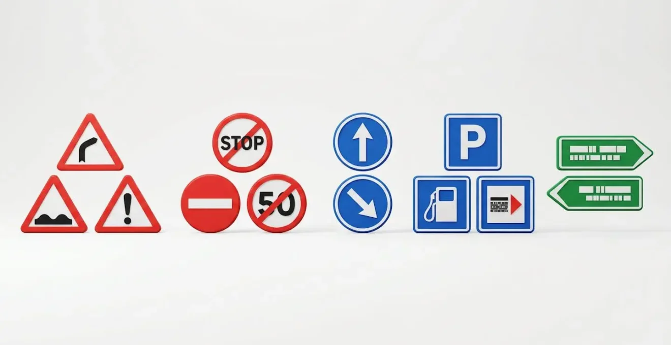 Illustration des 5 catégories principales de panneaux de signalisation : danger (triangle rouge), interdiction (cercle rouge), obligation (cercle bleu), indication (carré bleu) et direction