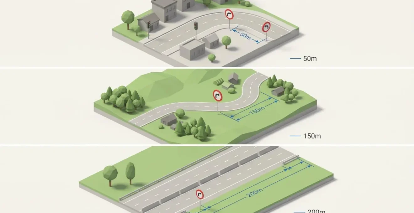 Schéma isométrique illustrant les distances réglementaires d'implantation des panneaux de danger : 50m en zone urbaine, 150m en zone rurale, 200m sur autoroute